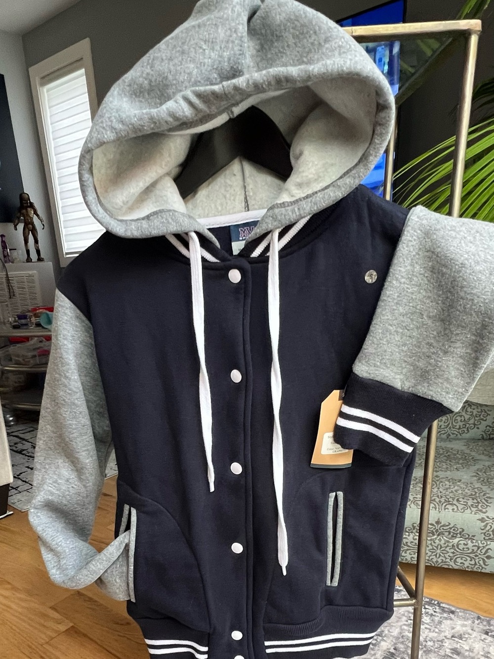 MV Sport  Navy and Gray Hooded Varsity Jacket